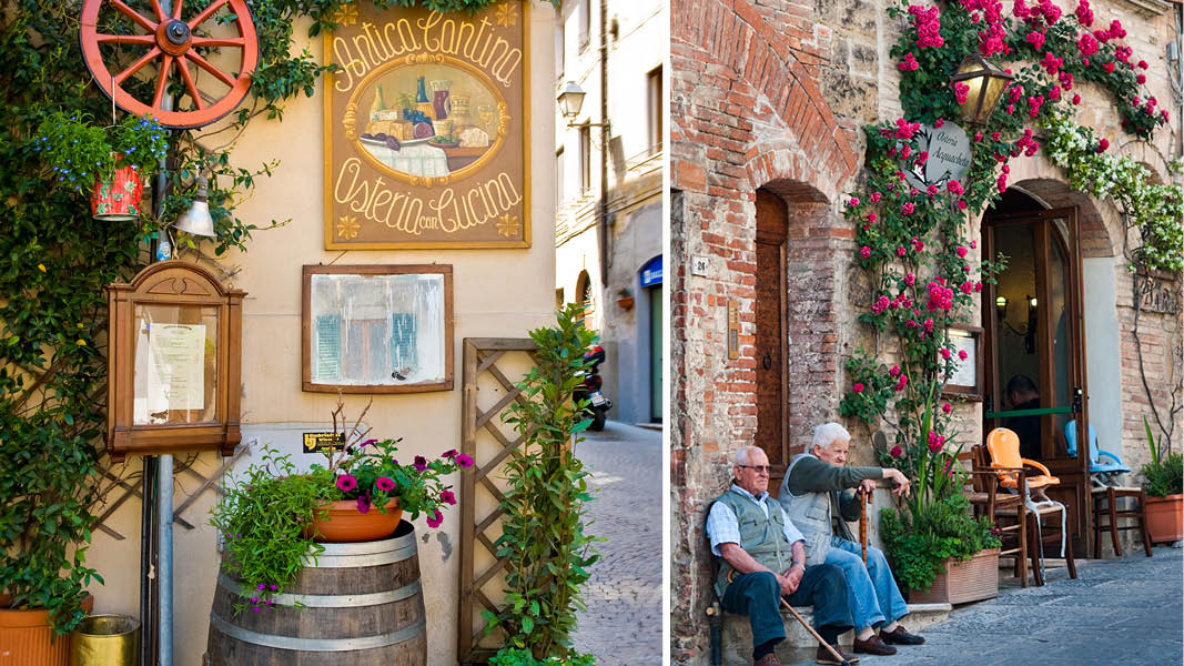 Restaurangmeny och italienska äldre män på gatan i Toscana